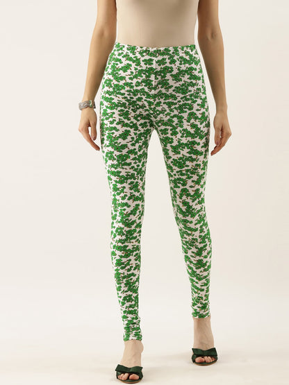 Souchii White & Green Printed Ankle-Length Leggings