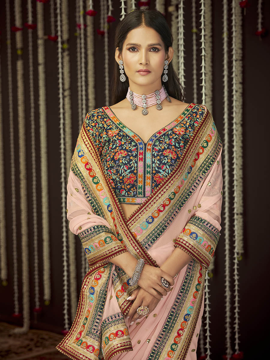 Myra Baby Pink Art Silk Heavy Embroidered Designer Saree