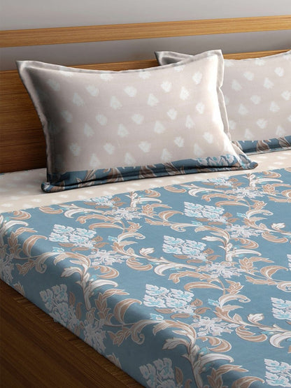 Arrabi Beige & Blue Floral 300 TC Super King Bedsheet With 2 Pillow Covers
