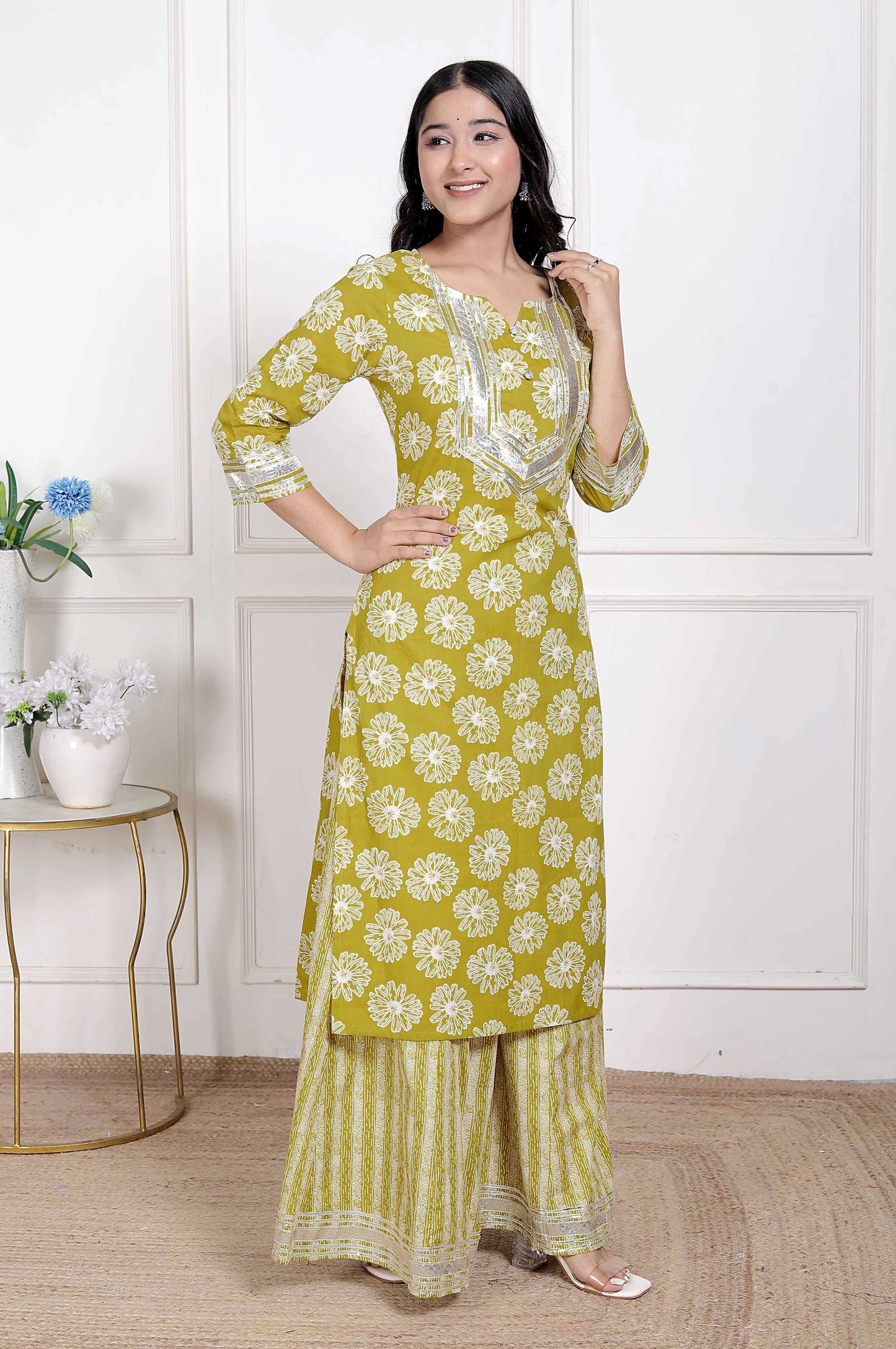 Miravan Women's Lime Yellow Block Printed Kurta with Palazzo