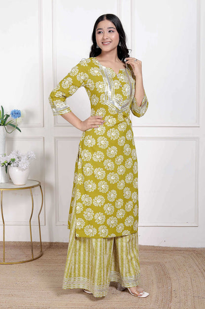 Miravan Women's Lime Yellow Block Printed Kurta with Palazzo