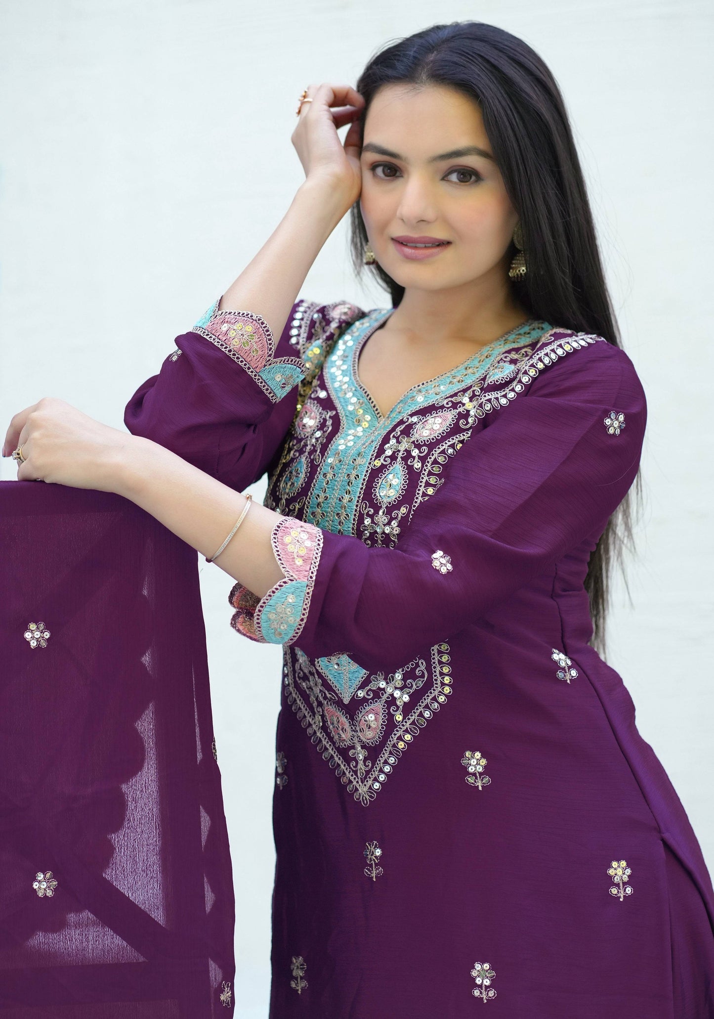 Yash Enterprise Embroidered Chinon With Sequin Maroon Readymade Salwar Suit