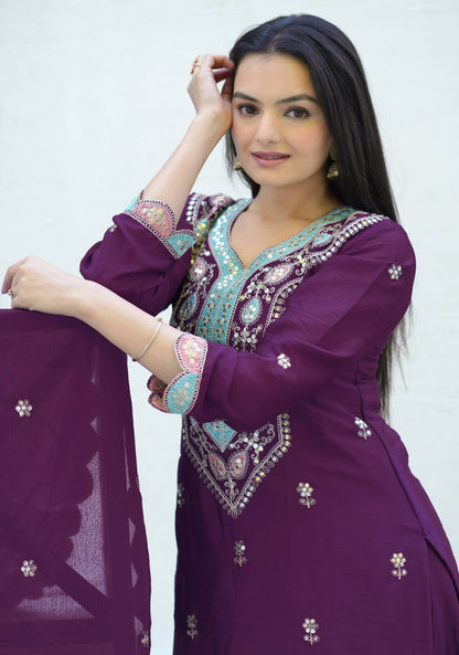 Yash Enterprise Embroidered Chinon With Sequin Maroon Readymade Salwar Suit