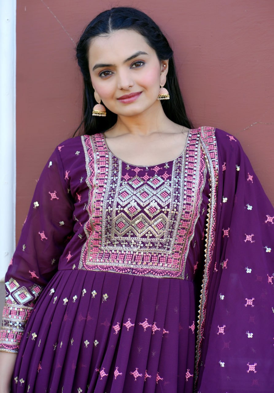 Yash Enterprise Wine Georgette Party Wear Embroidery Party Wear Suit Set