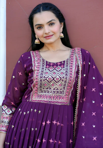 Yash Enterprise Wine Georgette Party Wear Embroidery Party Wear Suit Set