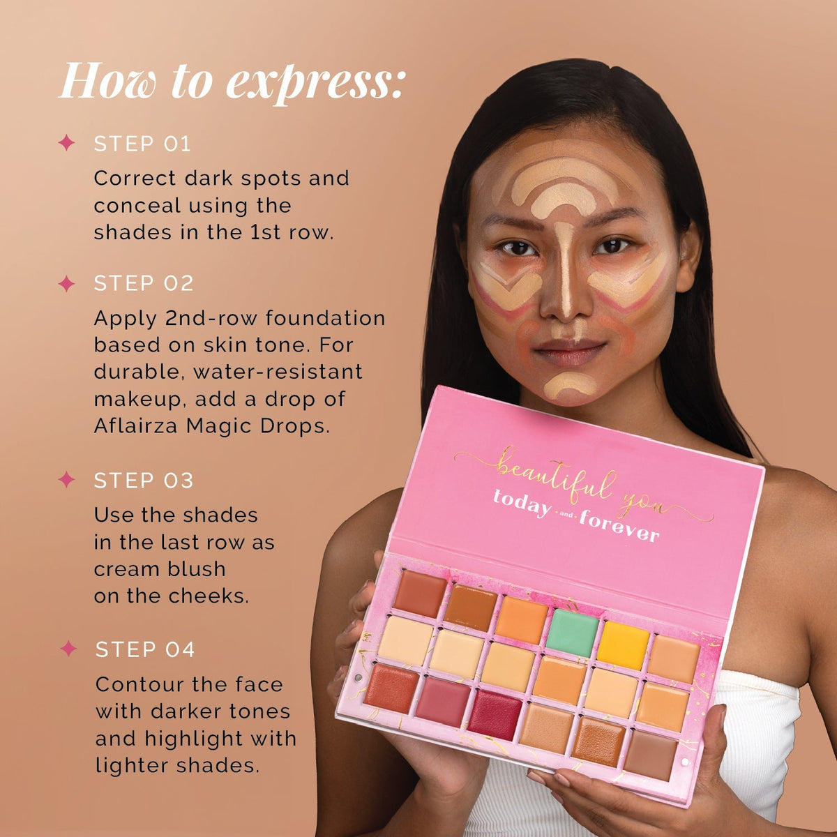 Aflairza One for All Palette, 4-in-1 Foundation, Concealer, Blush & Contour, All-in-One Face Palette for Effortless Beauty 56g