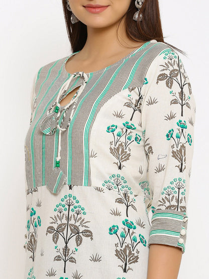 HERE&NOW Off-White & Grey Floral Printed Cotton Flax A-Line Kurta