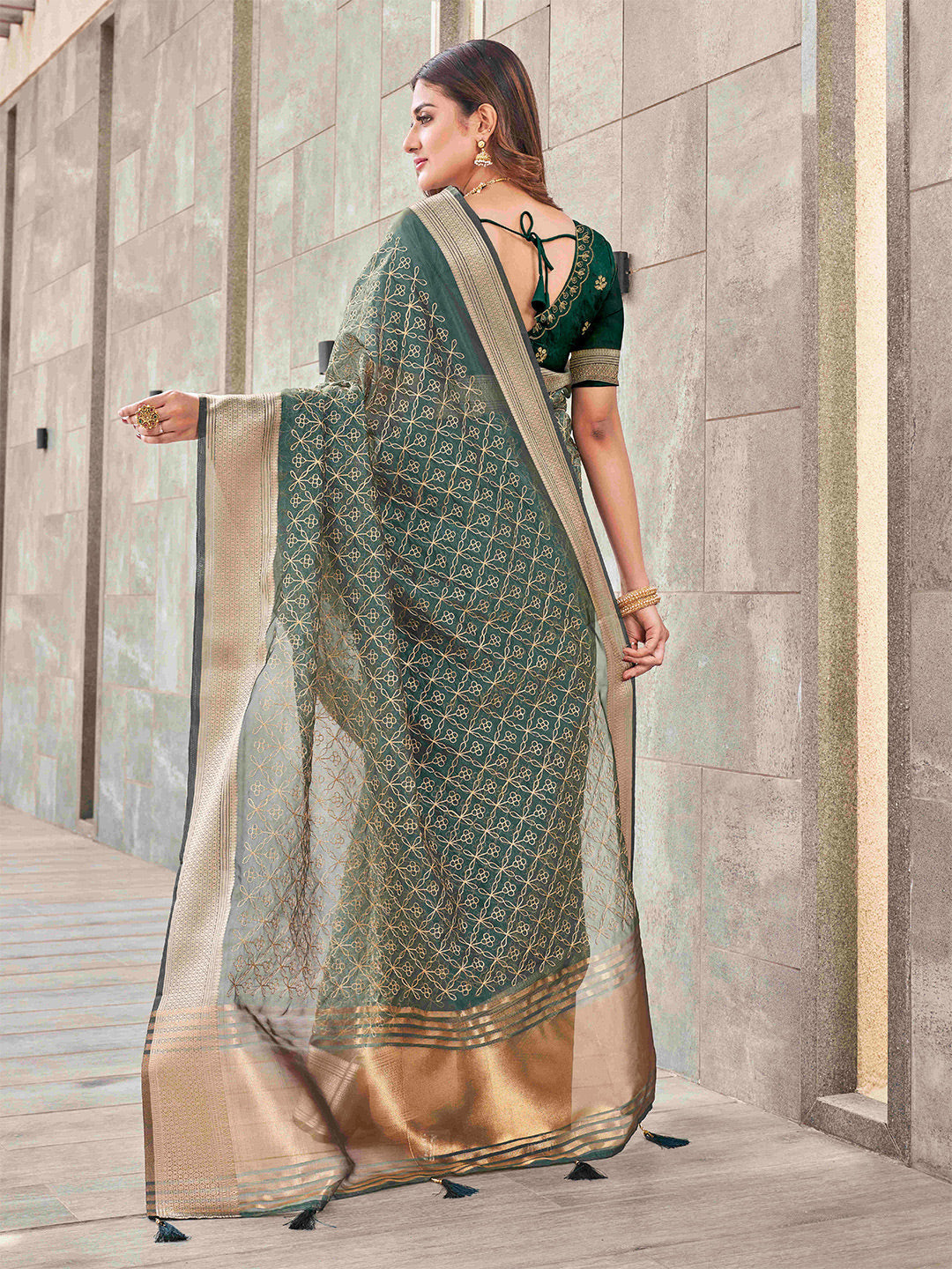 Tikhi Imli Olive Floral Embroidered Zari Organza Saree