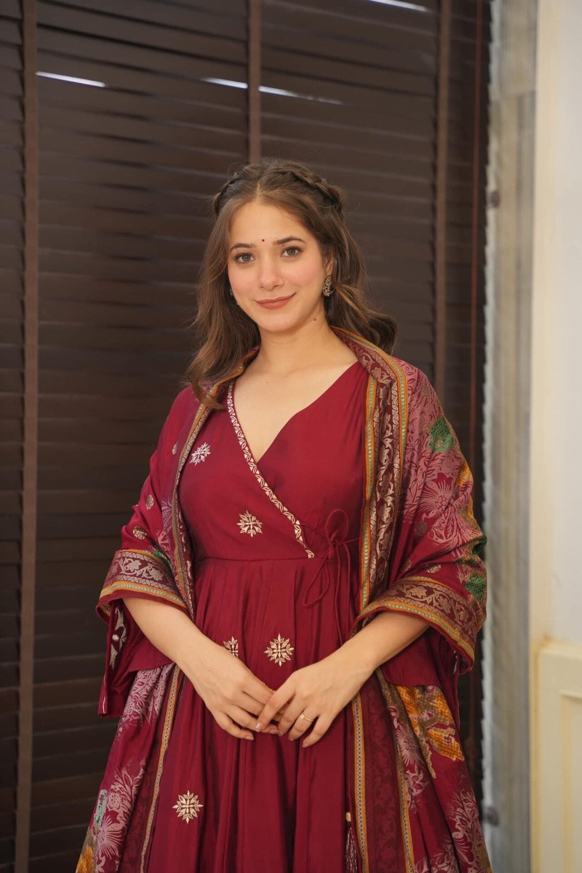 Yash Enterprise Maroon Maslin Cotton Anarkali Suit Set