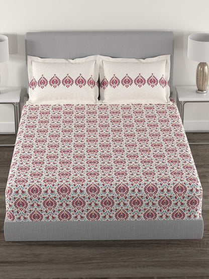 MYTRIDENT White Red Ethnic Motifs 144 TC Cotton Queen Bedsheet With 2 Pillow Covers