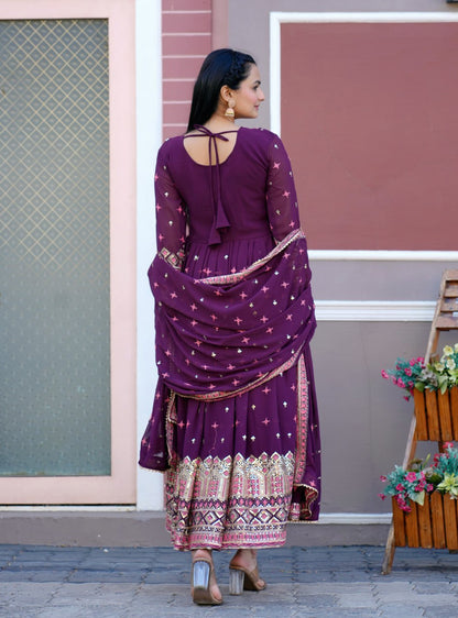Yash Enterprise Wine Georgette Party Wear Embroidery Party Wear Suit Set