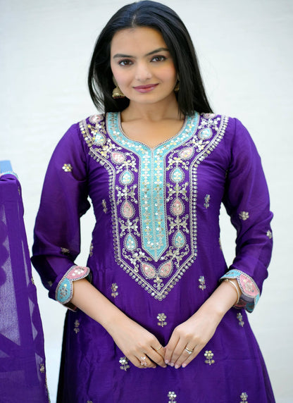 Yash Enterprise Embroidered Chinon With Sequence Blue Readymade Salwar Suit