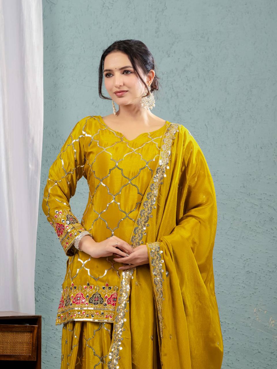 Yash Enterprise Yellow Georgette Embroidery Party Wear Suit Set