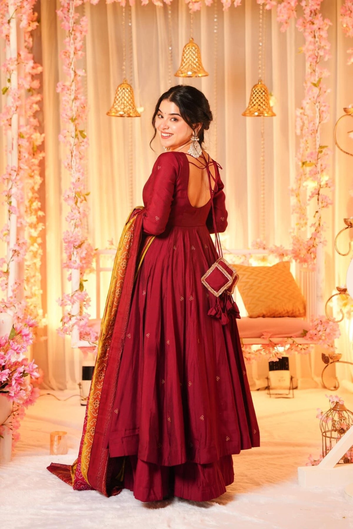 Yash Enterprise Festive Special Chinon Silk Partywear Designer Gown With Palazzo & Dupatta Set