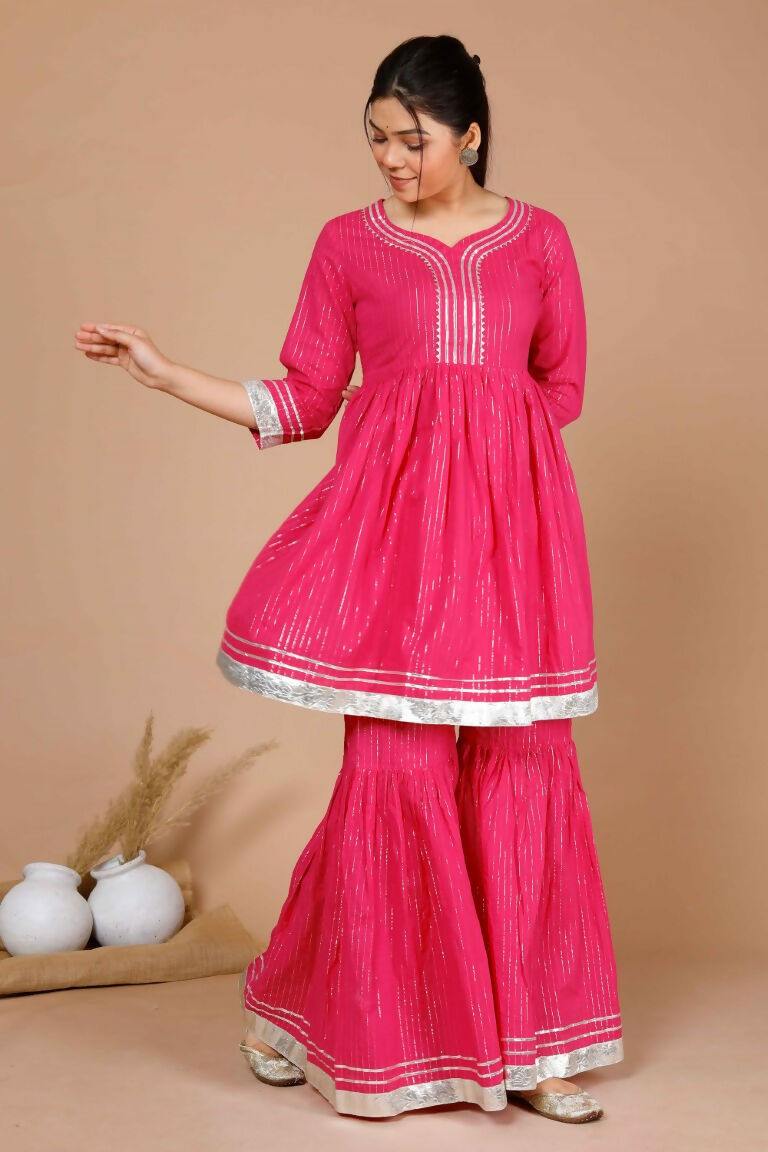 Miravan Women's Pink Printed A-Line Gotta Patti Lurex Cotton Kurti With Sharara