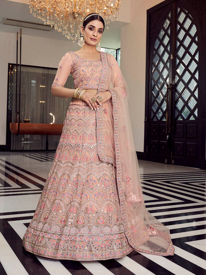 Myra Peach Organza Floral Print Embroidered Designer Lehenga