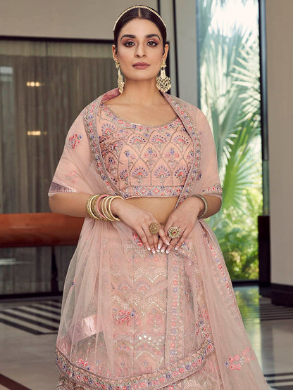 Myra Peach Organza Floral Print Embroidered Designer Lehenga
