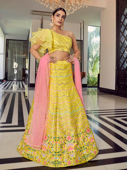 Myra Yellow Art Silk Mirror Work Designer Lehenga