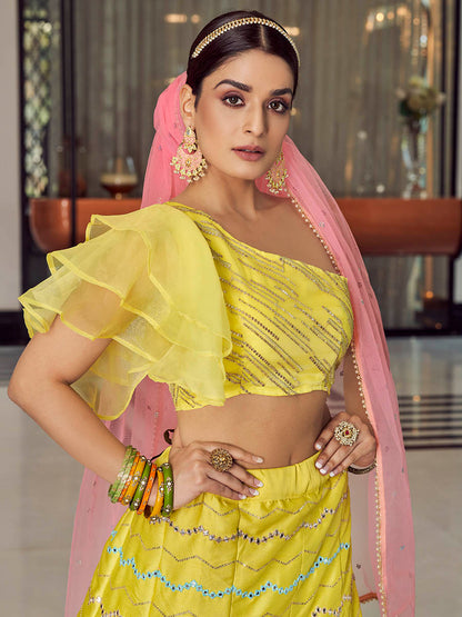 Myra Yellow Art Silk Mirror Work Designer Lehenga
