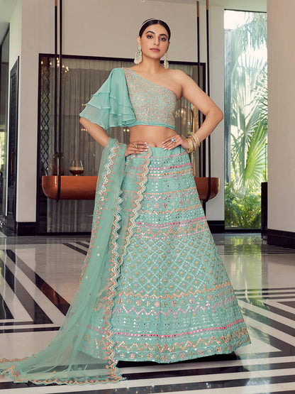 Myra Turquoise Organza Floral Print Embroidered Designer Lehenga