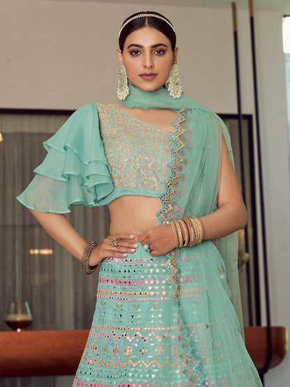 Myra Turquoise Organza Floral Print Embroidered Designer Lehenga