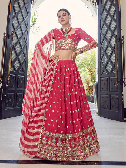 Myra Coral Red Georgette Embroidered Designer Lehenga