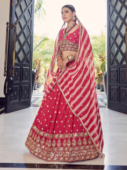 Myra Coral Red Georgette Embroidered Designer Lehenga