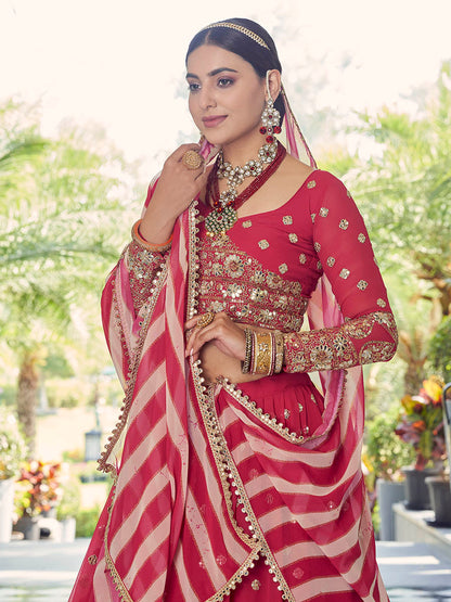 Myra Coral Red Georgette Embroidered Designer Lehenga
