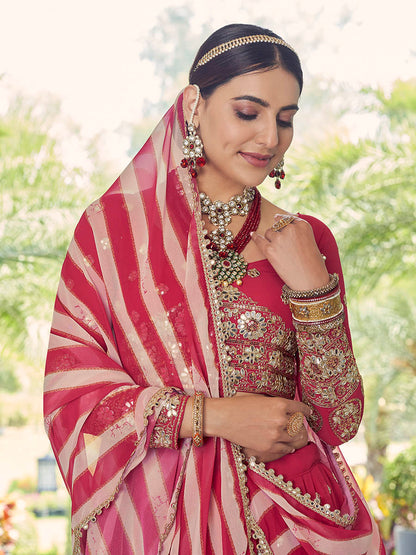 Myra Coral Red Georgette Embroidered Designer Lehenga
