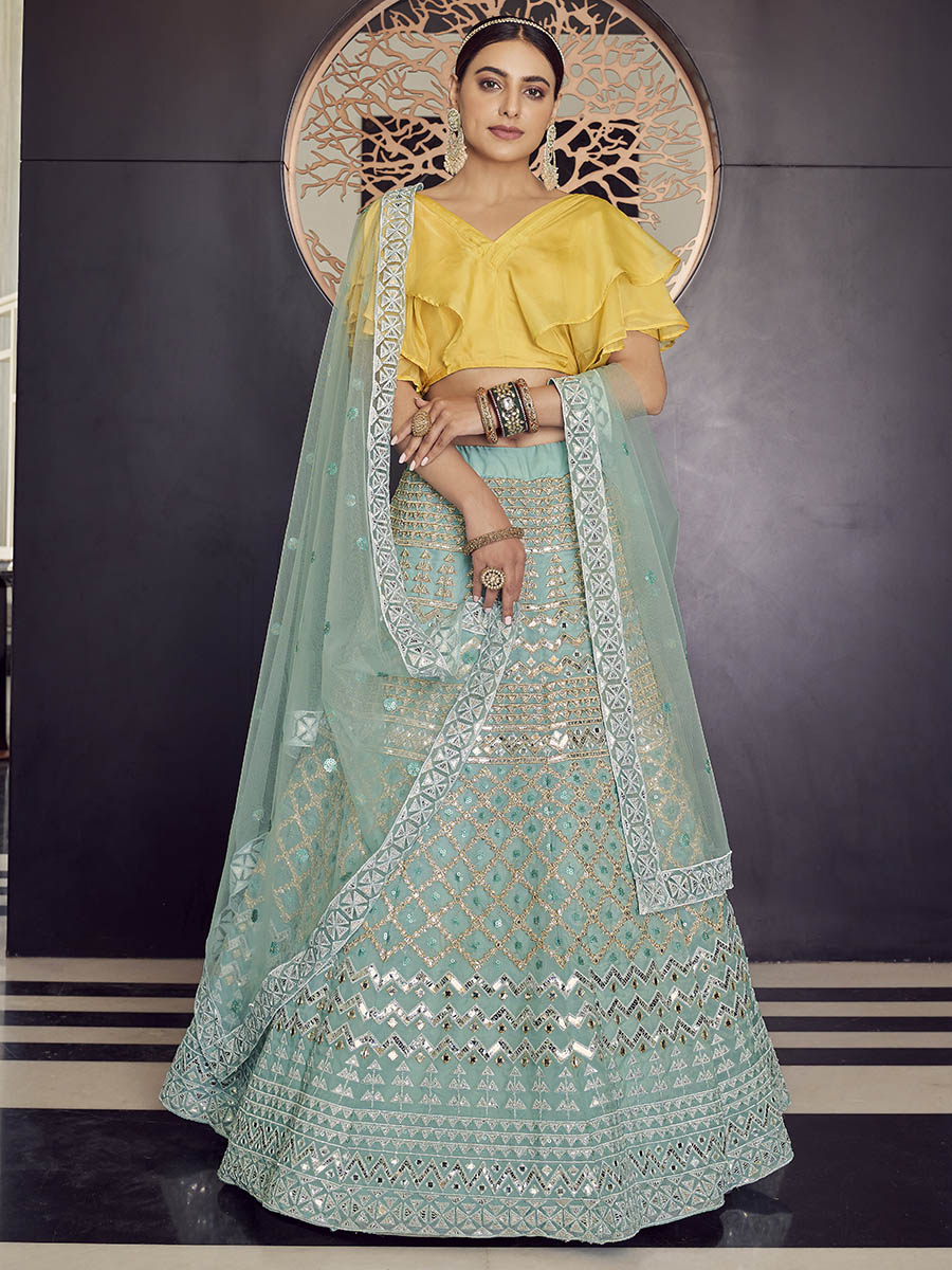 Myra Turquoise Organza Embroidered Designer Lehenga