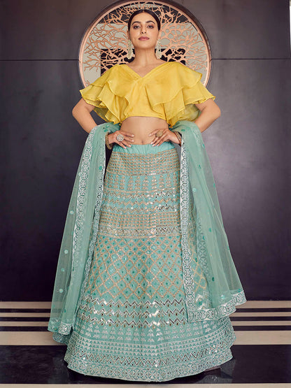 Myra Turquoise Organza Embroidered Designer Lehenga