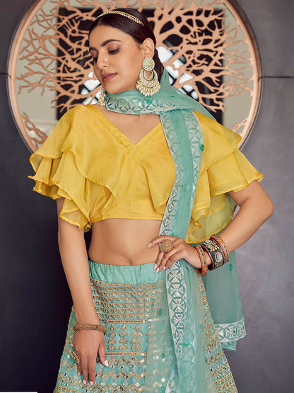 Myra Turquoise Organza Embroidered Designer Lehenga