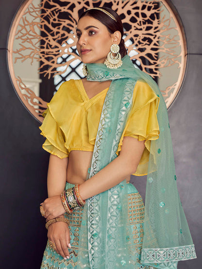Myra Turquoise Organza Embroidered Designer Lehenga