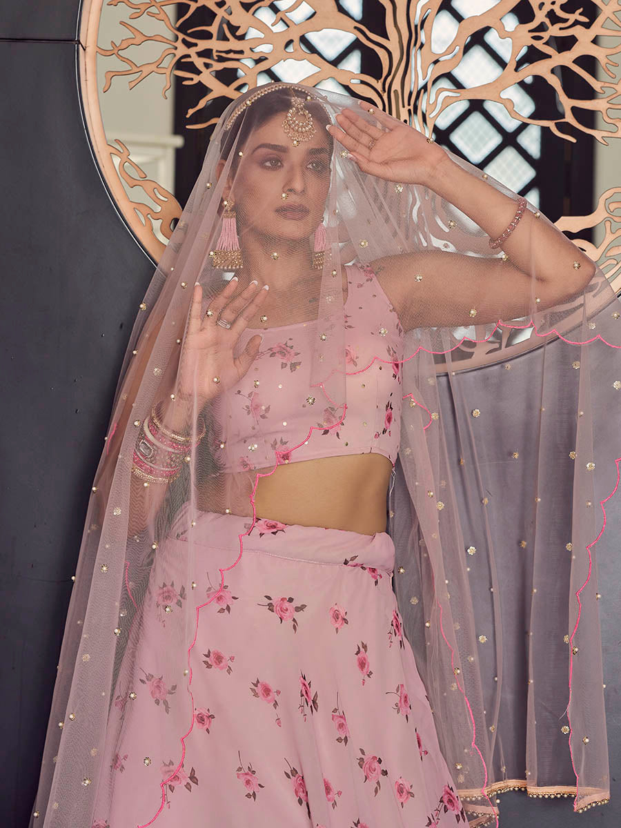 Myra Baby Pink Georgette Embroidered Designer Lehenga