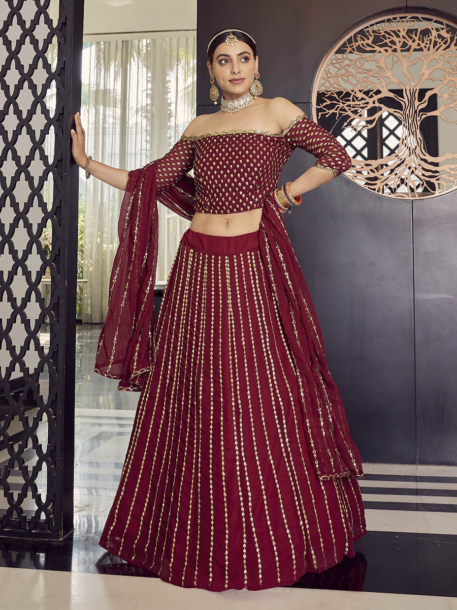 Myra Maroon Georgette Embroidered Designer Lehenga
