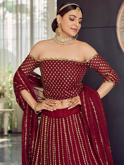 Myra Maroon Georgette Embroidered Designer Lehenga
