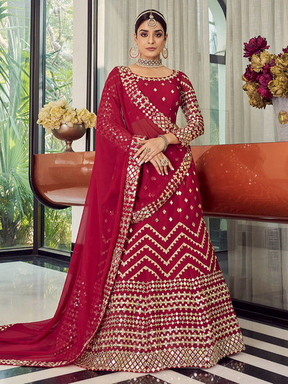 Myra Coral Red Georgette Embroidered Designer Lehenga
