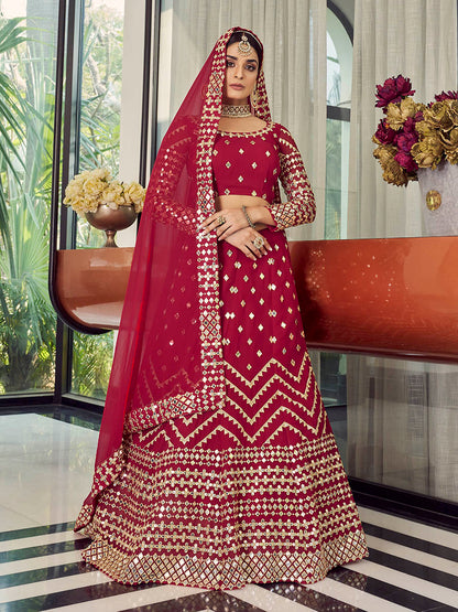 Myra Coral Red Georgette Embroidered Designer Lehenga