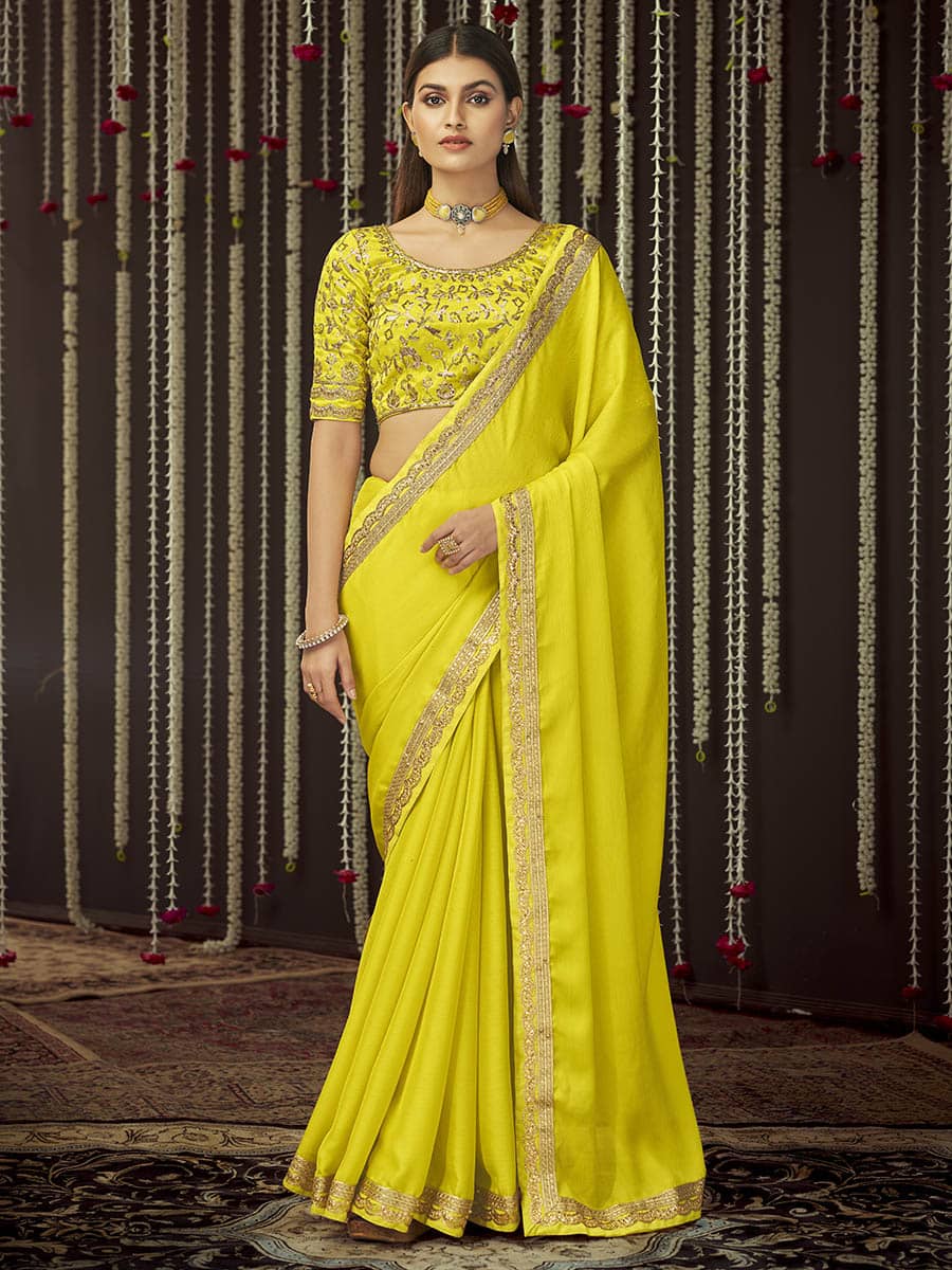 Myra Yellow Chinon Silk Heavy Embroidered Designer Saree
