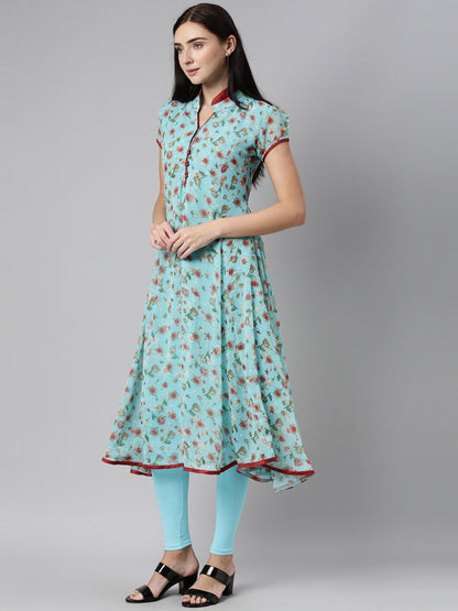 Souchii Blue Floral Printed Floral Anarkali Kurta