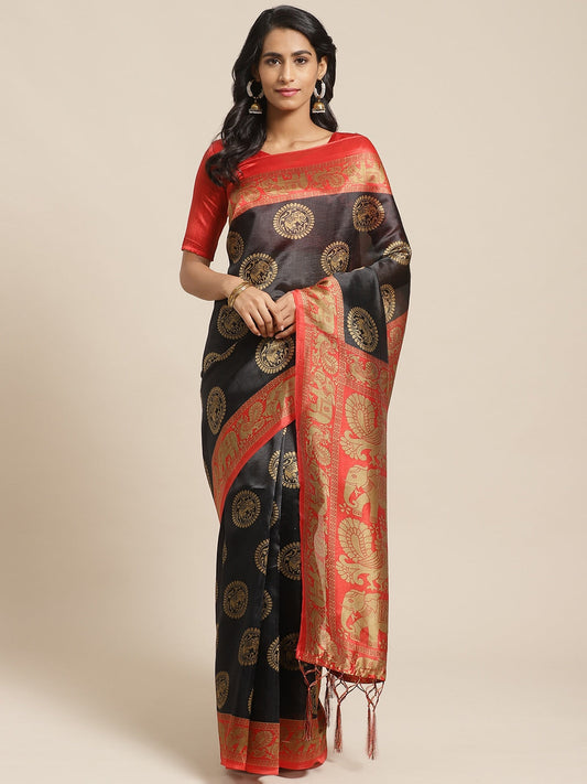 Saree Mall Black & Beige Art Silk Printed Bhagalpuri Saree