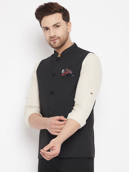 Even Apparels Black Merino Men's Nehru Jacket-Contrast Lining-Inbuilt Pocket Square