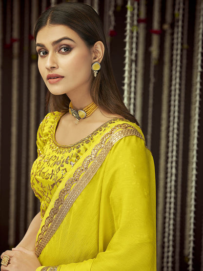 Myra Yellow Chinon Silk Heavy Embroidered Designer Saree