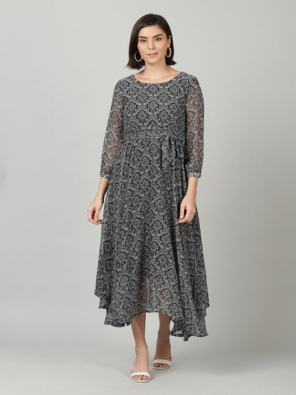 Souchii Women Grey & Black Ethnic Motifs Chiffon A-Line Midi Dress