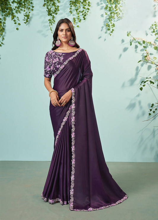 Dark Purple Silk crepe Solid Saree With Unstitched Blouse Piece - Norita Ikshita