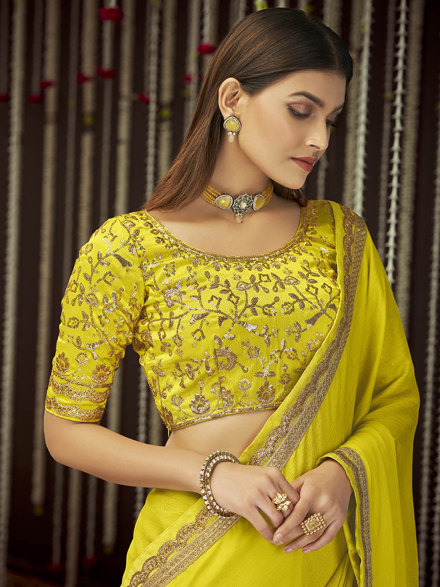 Myra Yellow Chinon Silk Heavy Embroidered Designer Saree