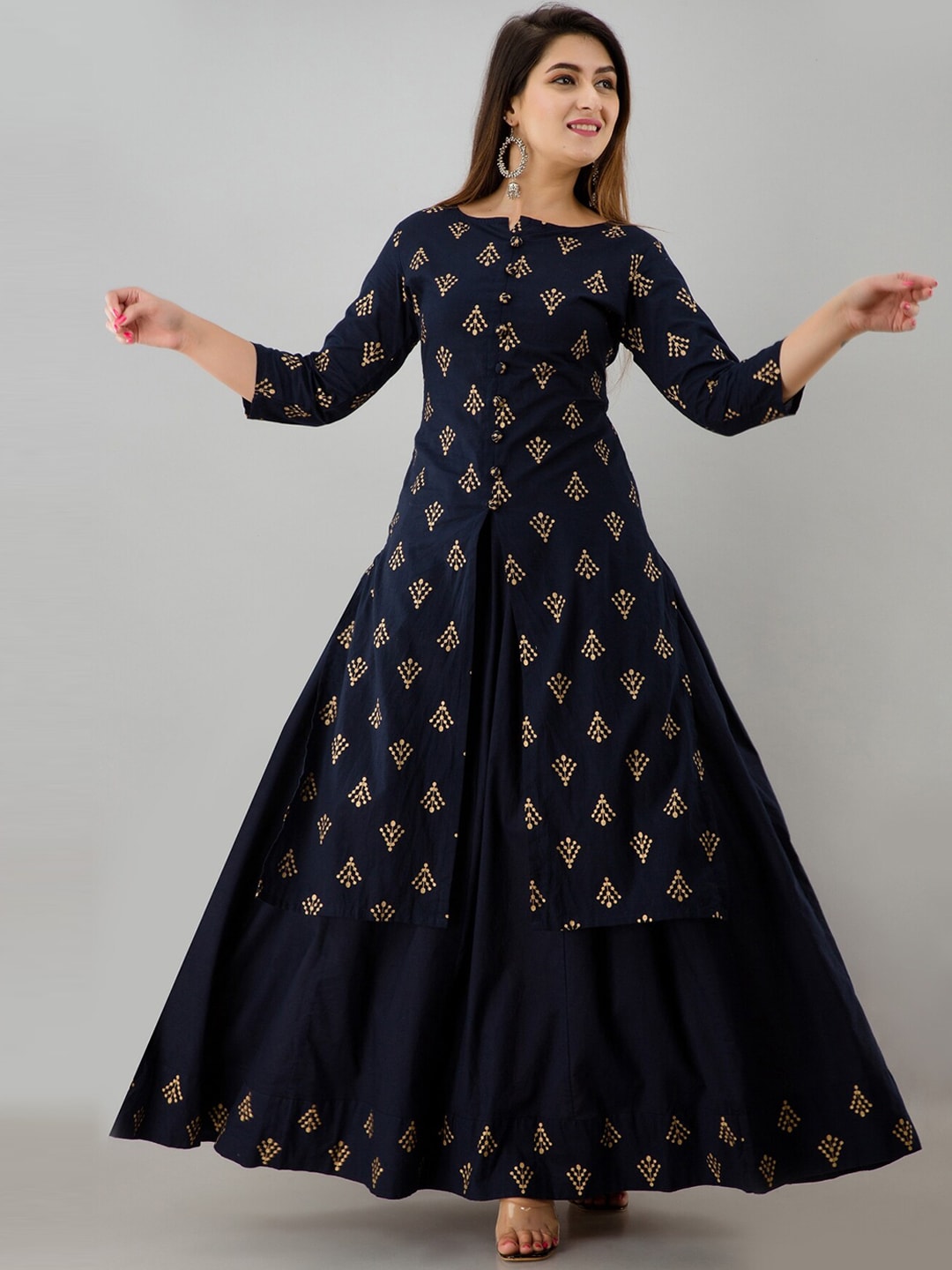 HERE&NOW Navy Blue & Gold-Toned Ethnic Motifs Printed Kurta with Skirt