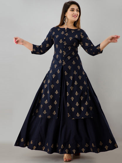 HERE&NOW Navy Blue & Gold-Toned Ethnic Motifs Printed Kurta with Skirt