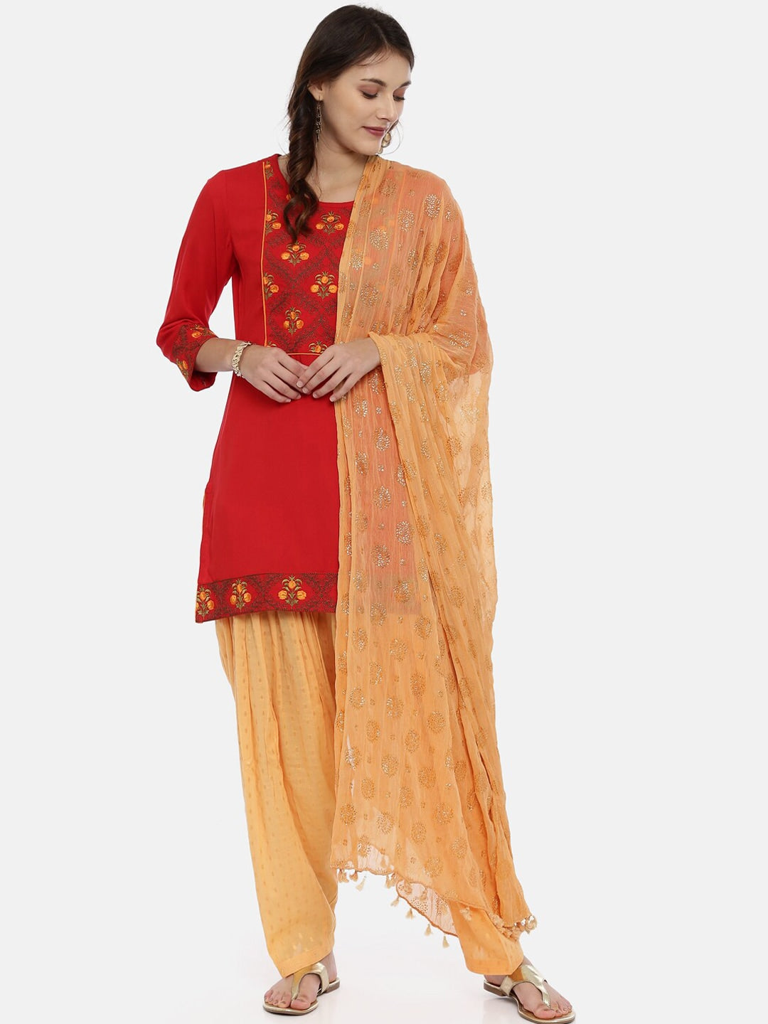 Souchii Beige & Gold Foil Print Dupatta with Tasselled Border