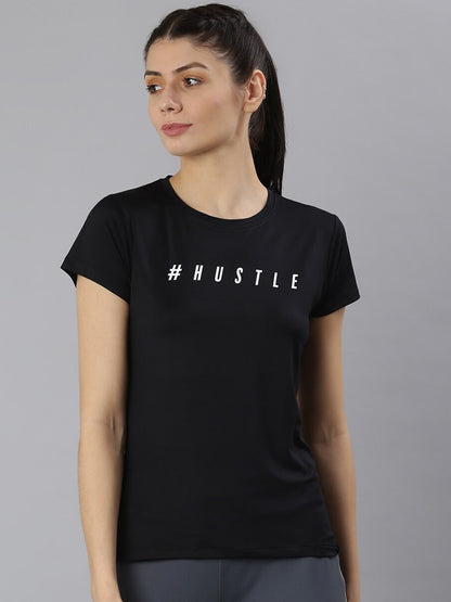 MKH Women Black Typography Printed Dri-FIT Sports T-shirt